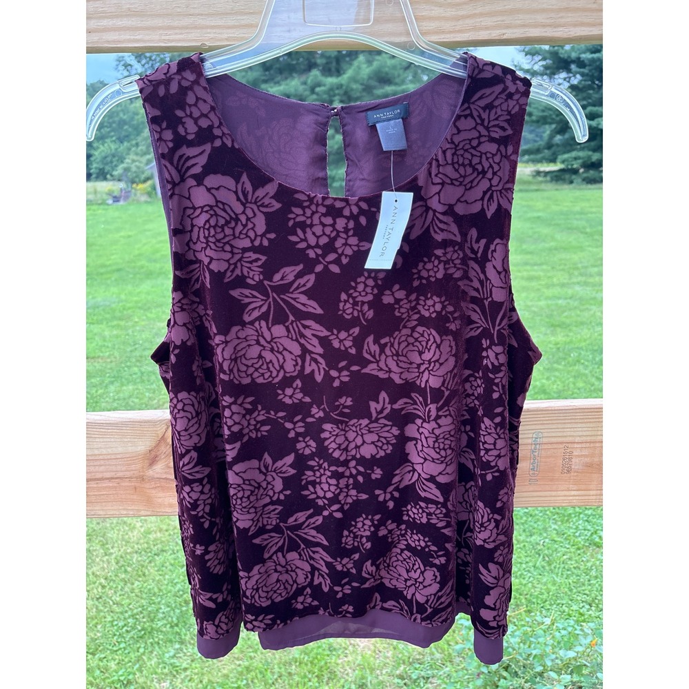 Ann Taylor Factory Womens L Burgundy Burnout Velvet Floral Sleeveless Shell Top